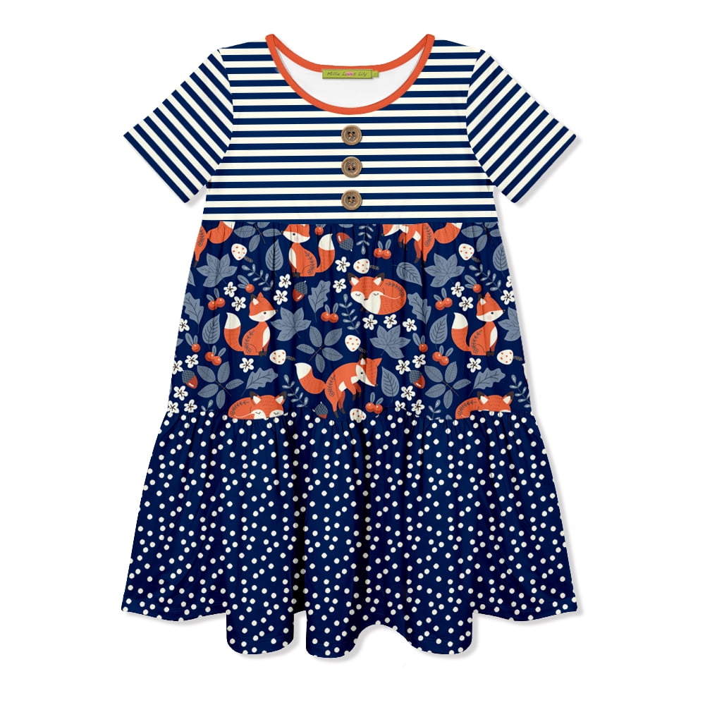 Millie Loves Lily Girls Navy Fox Printed Tiered Short Sleeve Dress Size (3T-12)